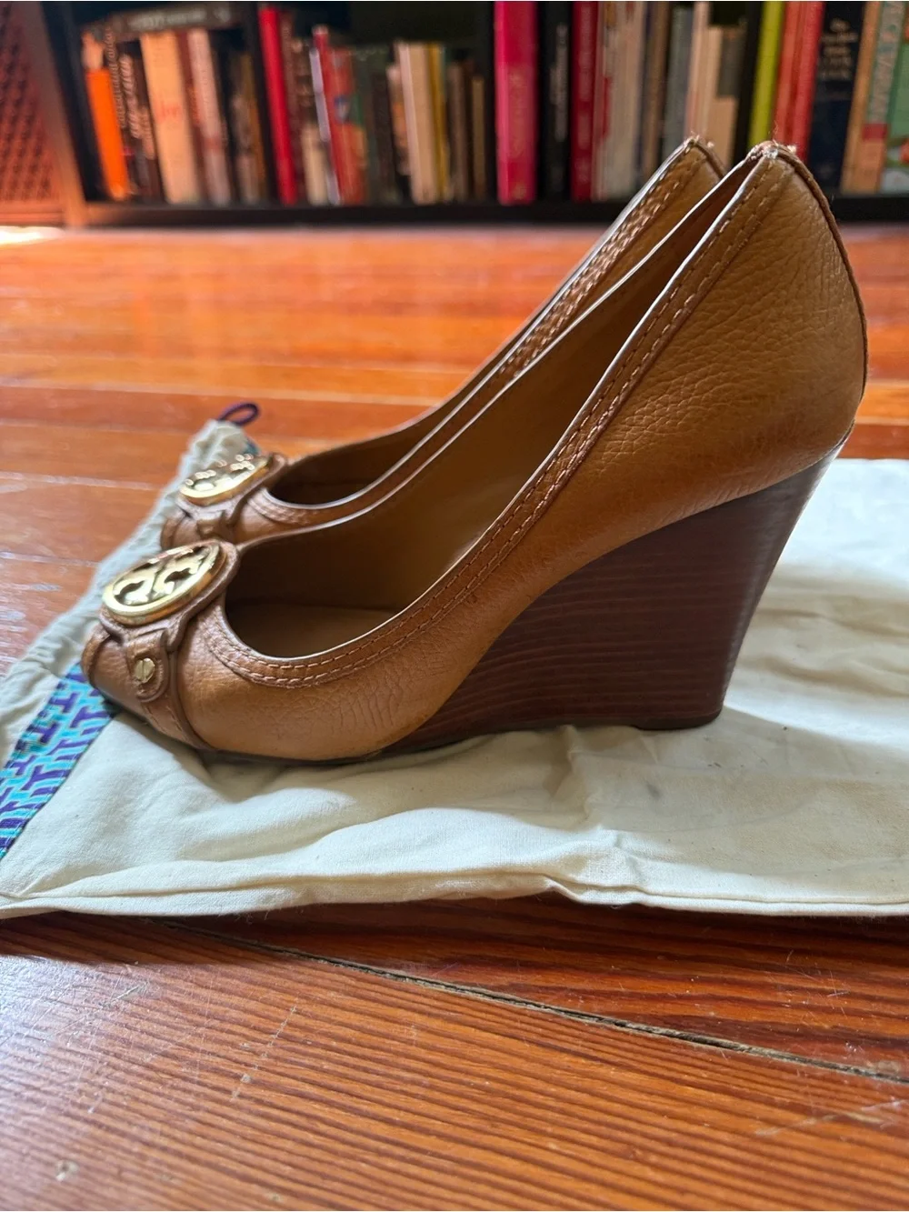 Tory Burch Tan Leather Peep-Toe Wedges with Signature Medallion